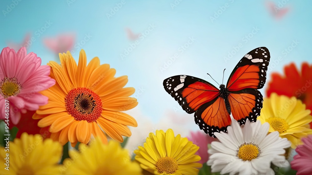 Tranquil Blooming Garden: Colorful Flowers and Butterflies in Peaceful Harmony with Copy Space Tranquil Blooming Garden: Colorful Flowers and Butterflies in Peaceful Harmony with Copy Space