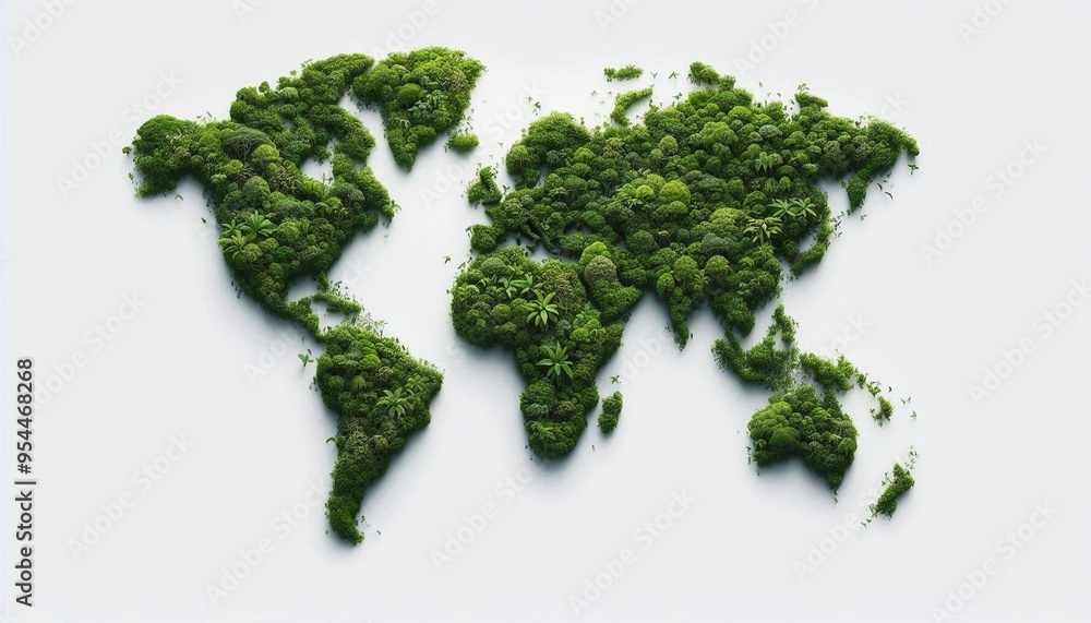 Green rain forest in the shape of the hyper realistic world map isolated on the white background Green rain forest in the shape of the hyper realistic world map isolated on the white background