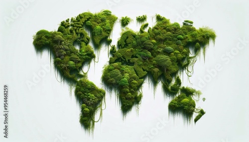 Green rain forest in the shape of the hyper realistic world map isolated on the white background photo