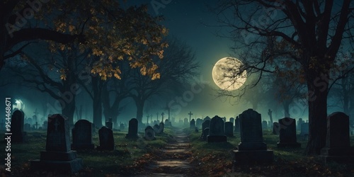 Soft moonlight and eerie shadows in haunted and creepy graveyard. photo