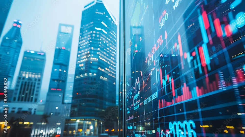 A modern financial building with global economic data displayed on the exterior. A modern financial building with global economic data displayed on the exterior.