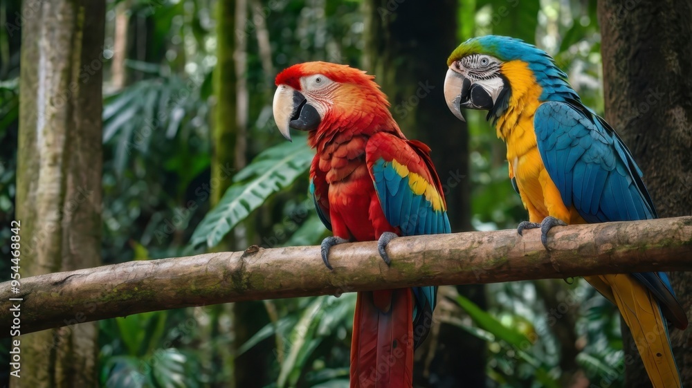 Obraz premium Red macaw and blue-yellow macaw in tropical rainforest