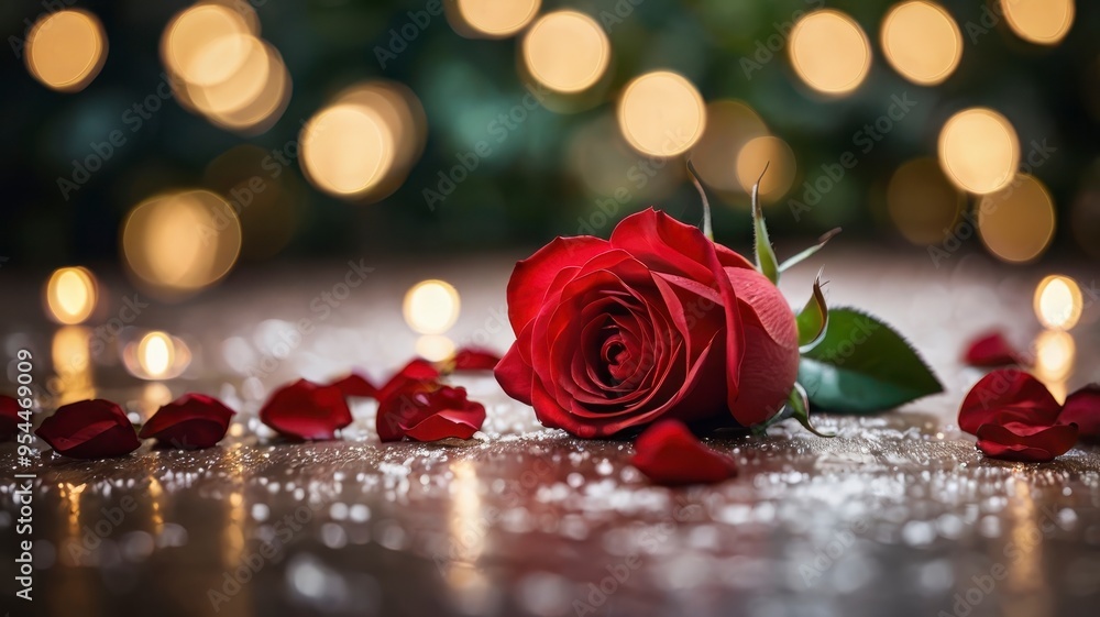 Red rose bloom with love-themed bokeh backdrop Red rose bloom with love-themed bokeh backdrop