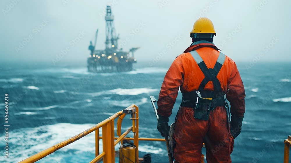 An oil and gas worker stands on an offshore drilling rig An oil and gas worker stands on an offshore drilling rig
