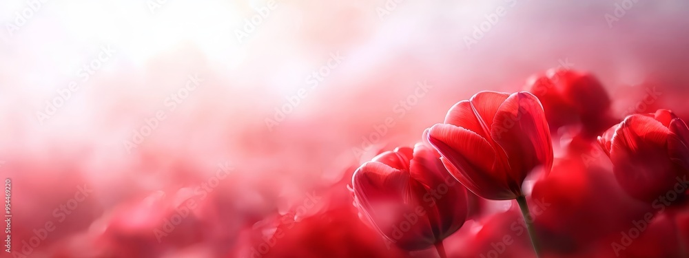 Red tulips cluster in field's center, hazy sky overhead Red tulips cluster in field's center, hazy sky overhead