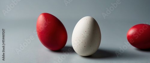 Creative minimal Easter concept with raw egg and red boxing gloves. photo