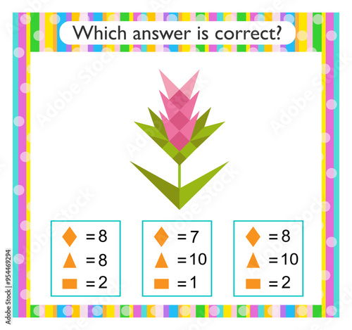 Math activity for kids. Find the correct answer. Cartoon pink flower.