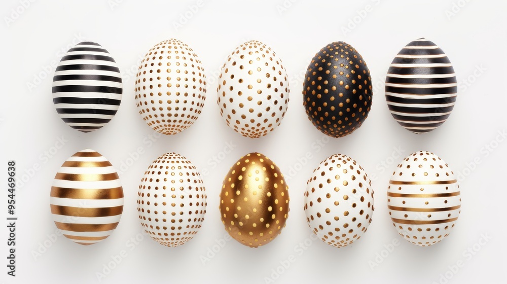Top view of vibrant easter eggs decorated with golden paint, featuring striped and dotted designs on a clean white background. Perfect for festive holiday themes, spring celebrations, and elegant seas Top view of vibrant easter eggs decorated with golden paint, featuring striped and dotted designs on a clean white background. Perfect for festive holiday themes, spring celebrations, and elegant seas