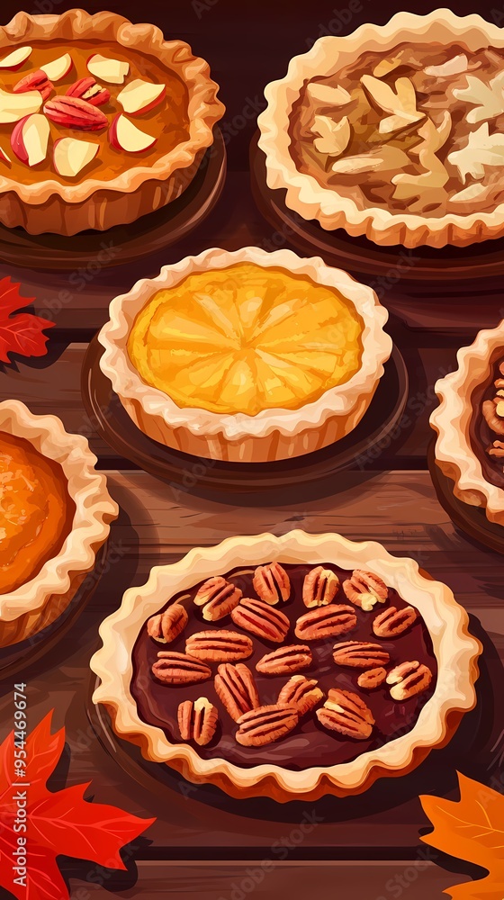 Close up of various Thanksgiving pies arranged on a rustic wooden table. Close up of various Thanksgiving pies arranged on a rustic wooden table.
