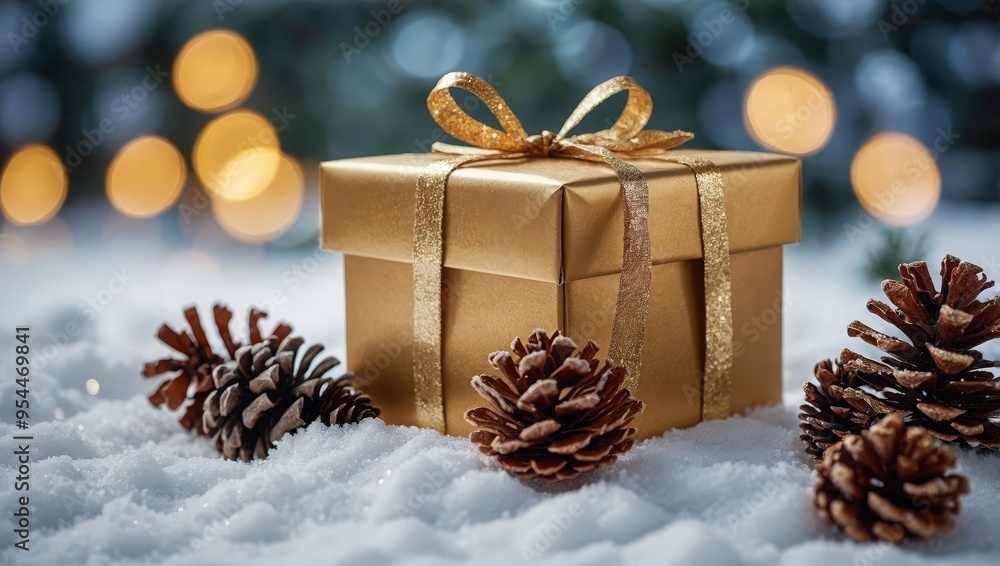 Christmas Gift Box, Fir Branches And Pine cones, On Snow With Christmas Lights Christmas Gift Box, Fir Branches And Pine cones, On Snow With Christmas Lights