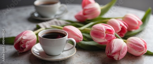 Pink tulips and coffee in a mug on the white table.