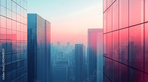 Glass skyscrapers in pink and blue hues reflect the sunset over a cityscape.