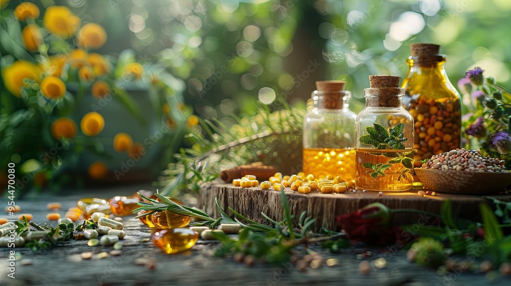 Herbal Supplements and Remedies on a Rustic Wooden Table Herbal Supplements and Remedies on a Rustic Wooden Table