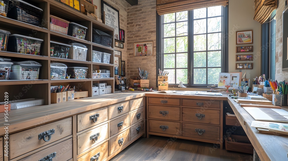 A craft room with supplies organized in labeled drawers and bins, natural daylight illuminating the workspace, eclectic and creative design, an atmosphere of inspiration and neatness A craft room with supplies organized in labeled drawers and bins, natural daylight illuminating the workspace, eclectic and creative design, an atmosphere of inspiration and neatness