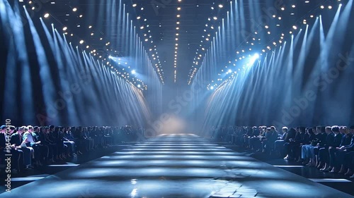 Glamorous runway fashion show with dramatic lighting and empty catwalk stage, perfect for showcasing high-end fashion and modern design.