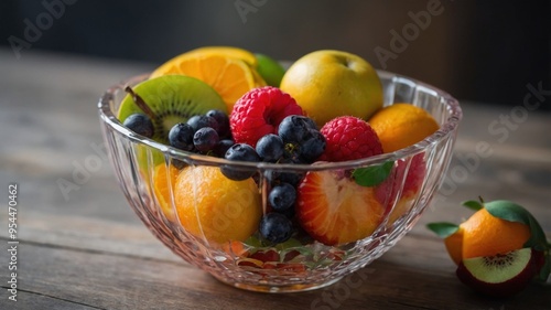 Assorted fresh fruits in a decorative glass bowl.