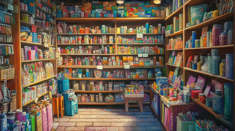Fototapeta premium Ultra-realistic close-up of a local arts and crafts store, with shelves filled with colorful