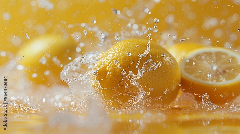 Lemons Splashing in Water with Yellow Background Lemons Splashing in Water with Yellow Background