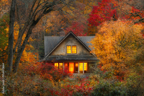 A cozy house surrounded by vibrant autumn foliage, illuminated warmly from within, creating a serene and inviting atmosphere.