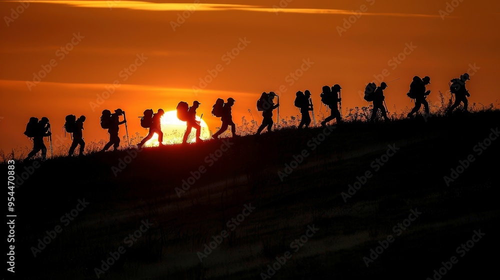 Silhouetted figures standing along a dividing line against a dusk sky background Silhouetted figures standing along a dividing line against a dusk sky background