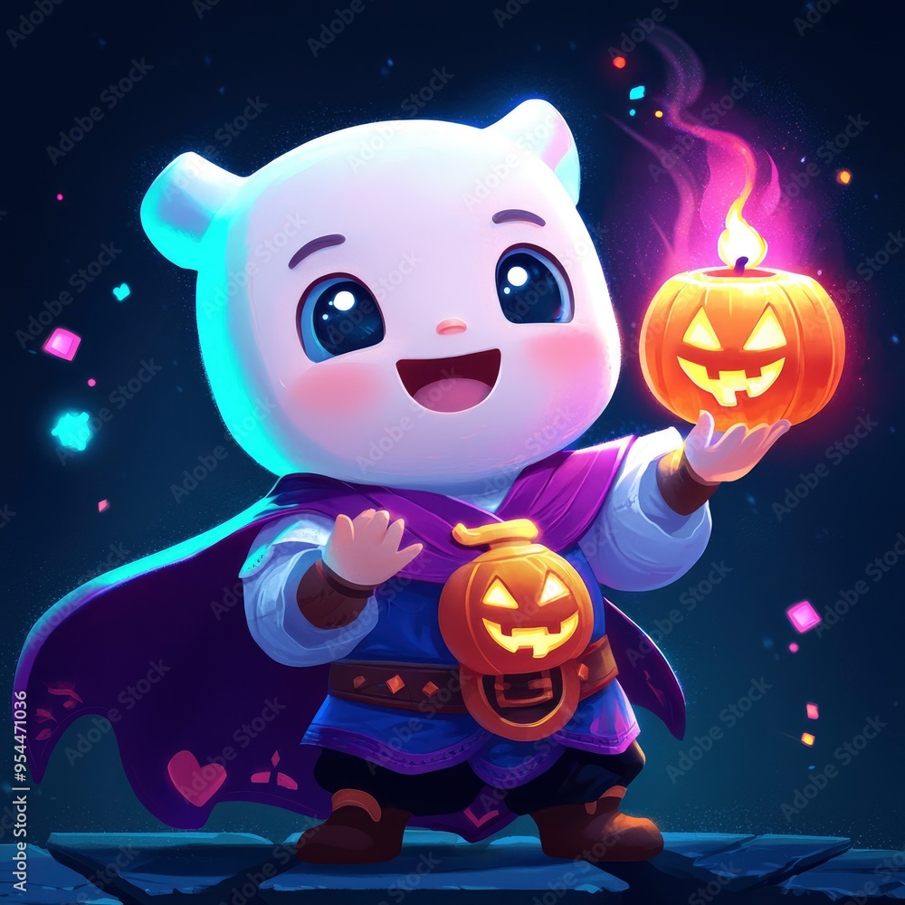 Cute Cartoon Character Holding a Jack-o'-Lantern for Halloween Cute Cartoon Character Holding a Jack-o'-Lantern for Halloween