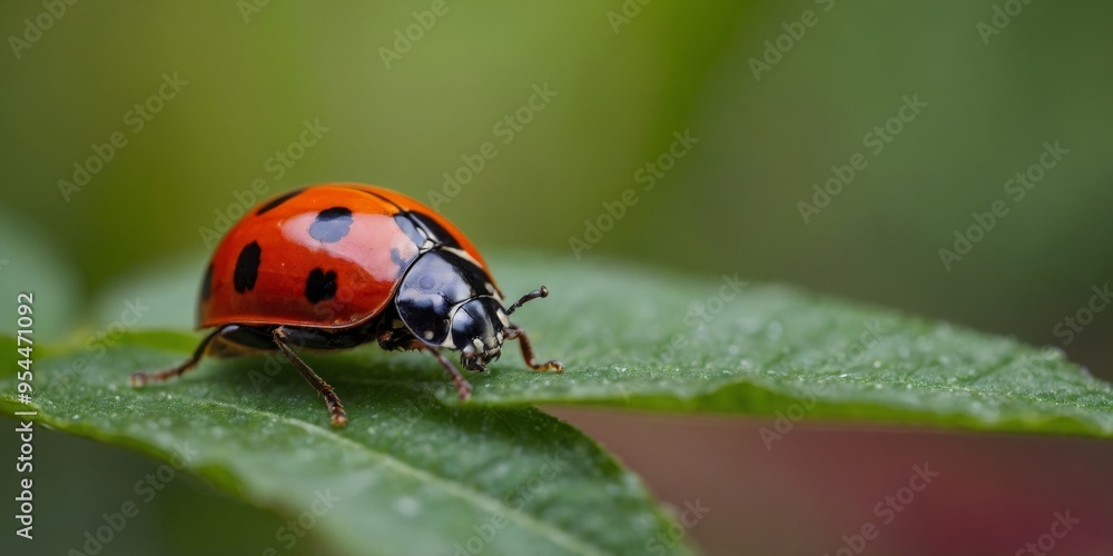 Macro image of one lady bug atop one leaf featuring colorful background. Macro image of one lady bug atop one leaf featuring colorful background.