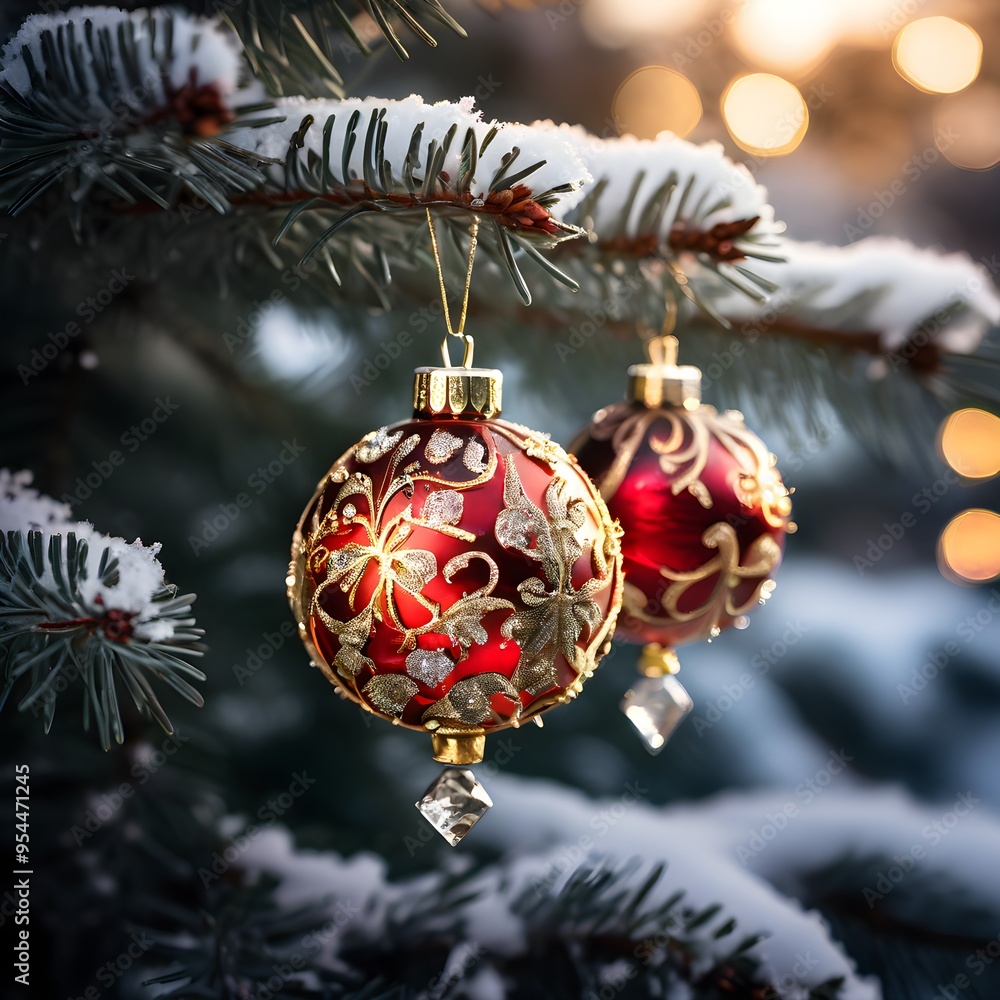 set of ornate Christmas ornaments hanging on a snow-covered pine tree branch set of ornate Christmas ornaments hanging on a snow-covered pine tree branch