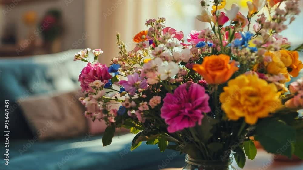 A vibrant bouquet of fresh flowers in a glass vase on a cozy living room table, bathed in natural sunlight. A vibrant bouquet of fresh flowers in a glass vase on a cozy living room table, bathed in natural sunlight.