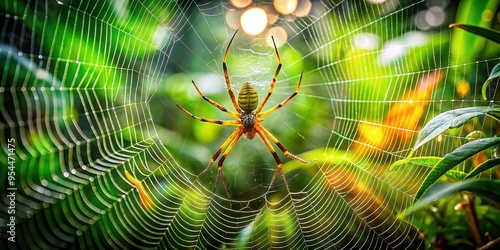 Vibrant tropical forest floor in Costa Rica, home to a majestic golden orb spider sitting regally in its intricate, dew-kissed web, surrounded by lush green foliage.
