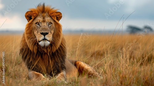 Majestic Lion Resting in Tall Grass with a Serene Gaze photo