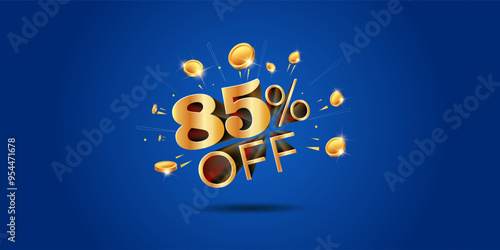 85% cashback offer logo with golden coins, money wealth design on blue background. Saving, sale, offer, discount, 3d text, deal concept.