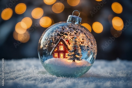 Christmas glass ball with tree in it on winter background