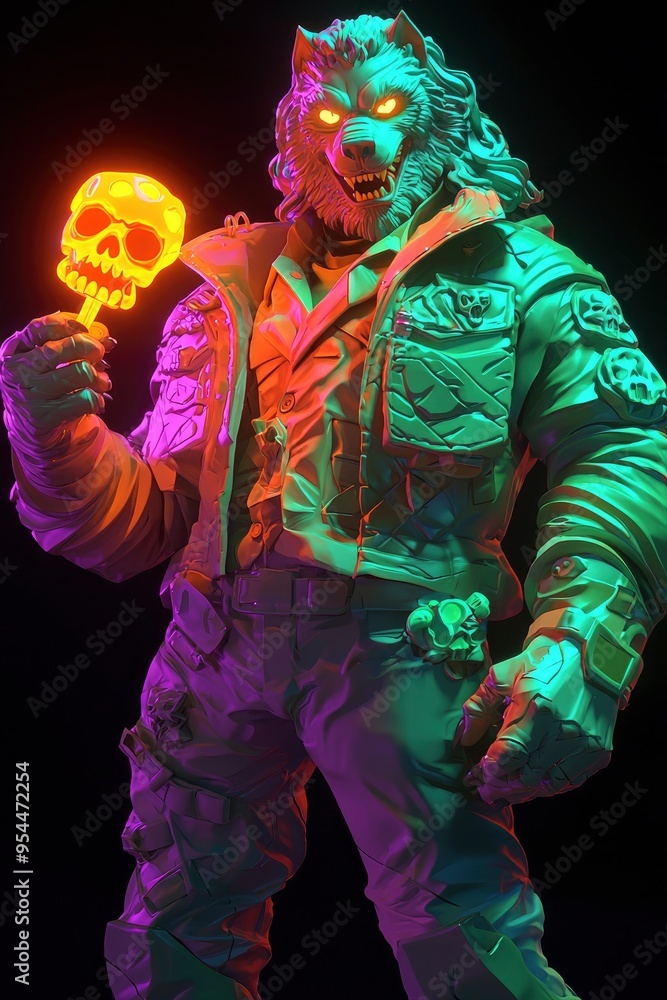 Fototapeta premium Werewolf Holding a Glowing Skull Lollipop