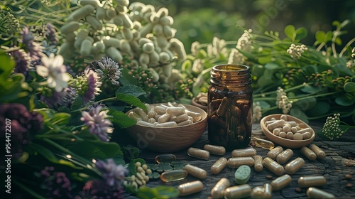 Herbal Supplements and Flowers on Wooden Surface