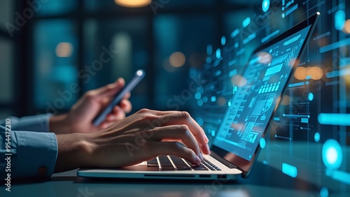 Hands typing on a laptop keyboard with digital network graphics overlay, symbolizing global connectivity, data technology, and modern communication.