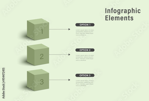 Infographic template and 3 options or steps. 3d green cubes. Workflow layout, diagram, banner, webdesign. Vector illustration