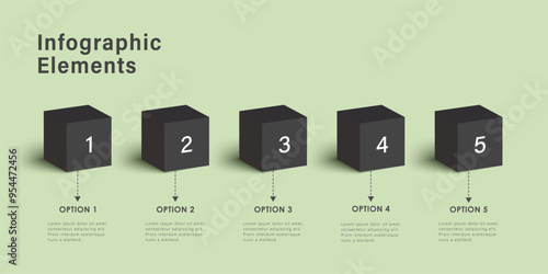 Infographic template and 5 options or steps. 3d black cubes on a green background. Workflow layout, diagram, banner, webdesign. Vector illustration