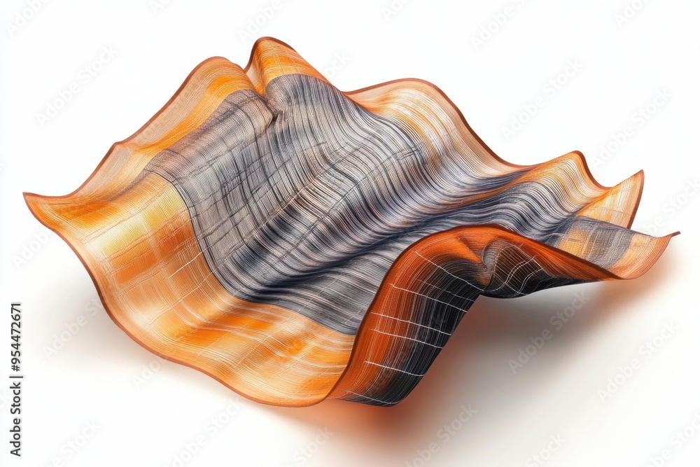 A vibrant and innovative textile design featuring flowing, wave like structure in orange and gray tones, showcasing advanced fabric technology. A vibrant and innovative textile design featuring flowing, wave like structure in orange and gray tones, showcasing advanced fabric technology.