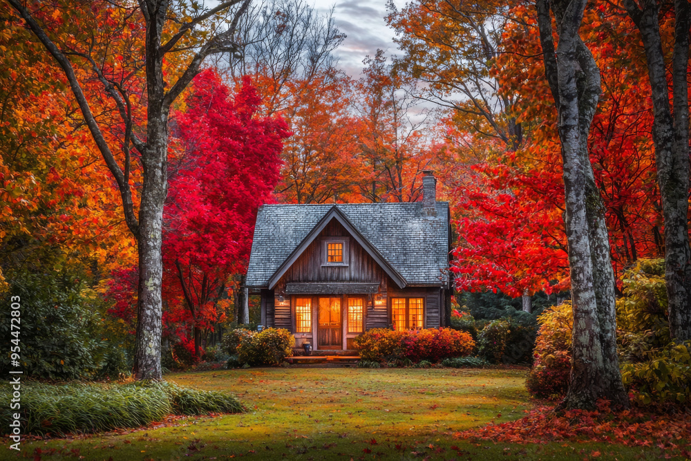 A cozy cabin surrounded by vibrant autumn foliage, creating a serene and picturesque scene. A cozy cabin surrounded by vibrant autumn foliage, creating a serene and picturesque scene.