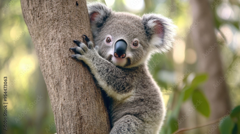 Fototapeta premium Curious Koala Climbing Eucalyptus Tree in Australian Forest