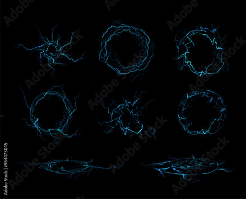 Set of vector glowing round lightning frames. Isolated black background.