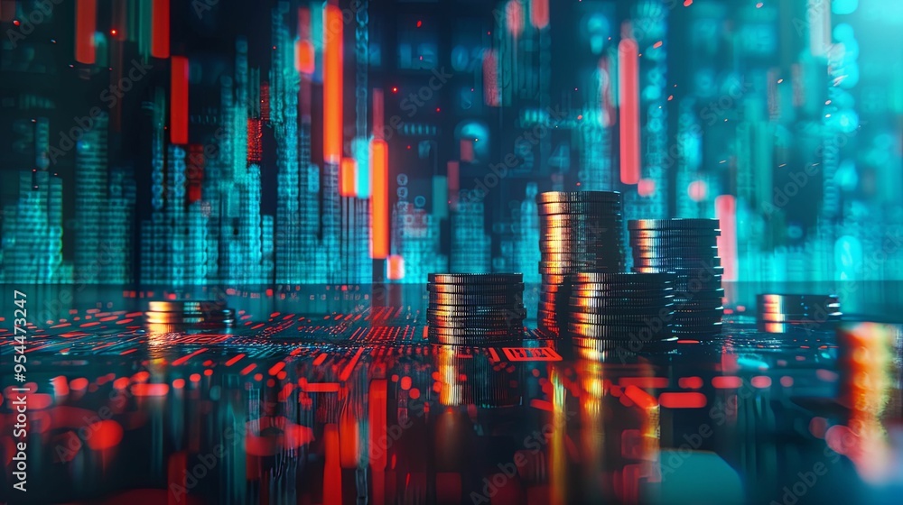 Stacks of Coins Against a Blurred Background of Binary Code and Red and Blue Lights Stacks of Coins Against a Blurred Background of Binary Code and Red and Blue Lights
