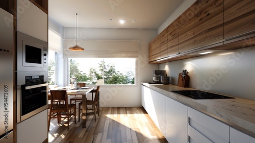 Modern kitchen layout with integrated microwave and dining area photo