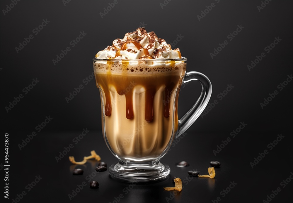 Vertigo coffee drink with cream and caramel on a black background, front view Vertigo coffee drink with cream and caramel on a black background, front view