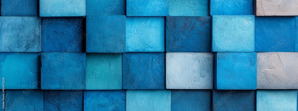 A tight shot of a blue-grey mosaic wall, featuring a perched black bird atop a block A tight shot of a blue-grey mosaic wall, featuring a perched black bird atop a block
