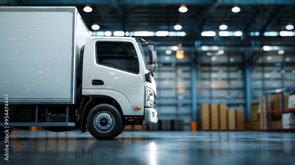 White delivery truck mock-up parked in a warehouse White delivery truck mock-up parked in a warehouse