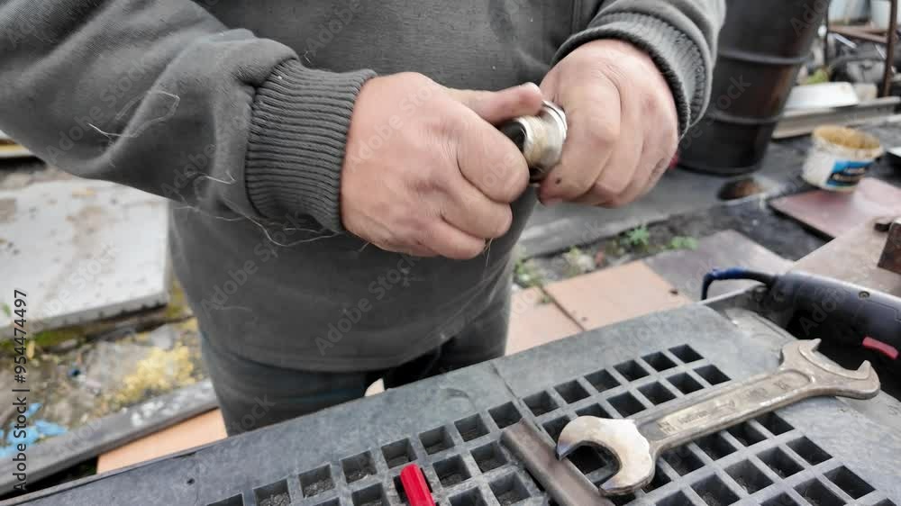 In the heart of Yakutia, a craftsman meticulously works on a plumbing connection, showcasing traditional techniques amidst the region's unique environment while surrounded by tools and materials. In the heart of Yakutia, a craftsman meticulously works on a plumbing connection, showcasing traditional techniques amidst the region's unique environment while surrounded by tools and materials.