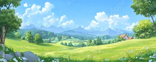 A serene landscape featuring green hills, a bright blue sky, fluffy clouds, and distant mountains under the warm sunlight.