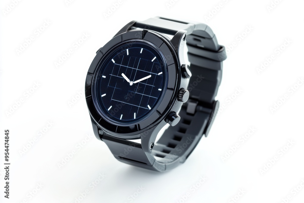 Sleek solar powered smartwatch with modern design and black strap, perfect for tech enthusiasts. Sleek solar powered smartwatch with modern design and black strap, perfect for tech enthusiasts.