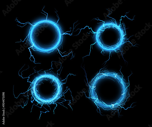 Neon electric circles with lightning effects on an isolated black background.